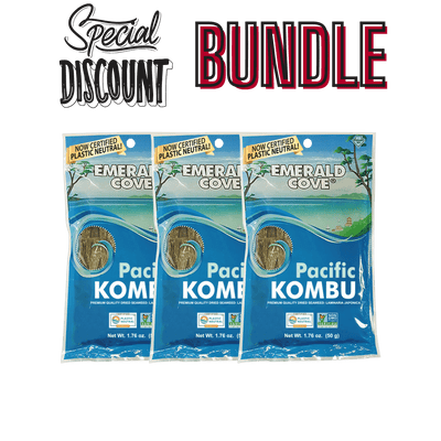 kombu, dried edible seaweed, sea vegetable, edible kelp, non gmo, vegan, plastic neutral, discounted 3 pack, 1.76 oz bags