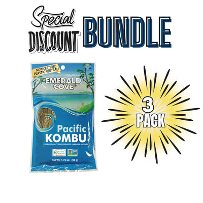 Kombu Seaweed, Dried, Edible, Pacific, Sea Vegetable, Kelp, Non-GMO, Plastic Neutral, Vegan, Emerald Cove Seaweed Brand, 1.76 ounce, resealable bag, 3 PACK