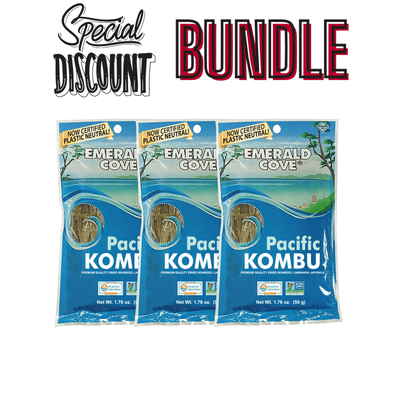 kombu, dried edible seaweed, sea vegetable, edible kelp, non gmo, vegan, plastic neutral, discounted 3 pack, 1.76 oz bags