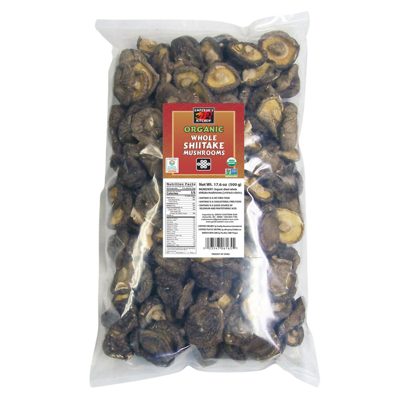 SHIITAKE MUSHROOMS, ORGANIC, NON-GMO VERIFIED SHIITAKE MUSHROOMS, DRIED SHIITAKE MUSHROOMS (SHOWN IN 17.6 OZ BAG)